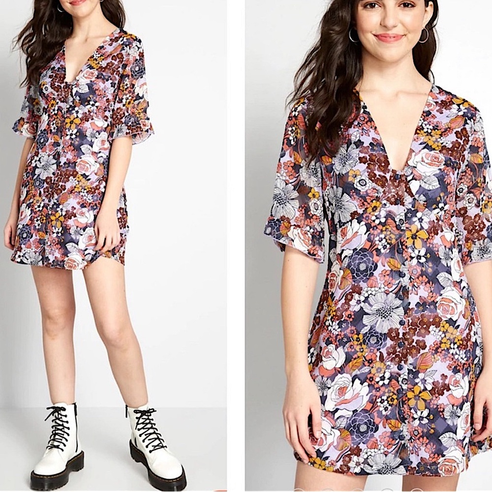 Modcloth Multicolor Purple Retro Floral Print Mini Dress